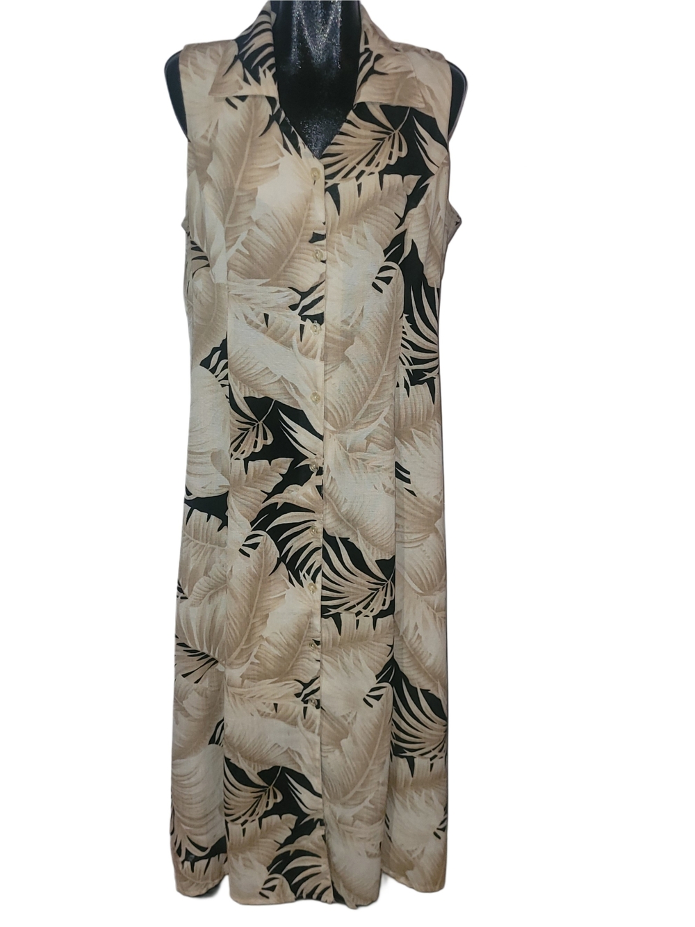Hiroko 90's Sleeveless Tan & Black Tropical Print Button-Front Maxi Dress XL - Picture 2 of 8